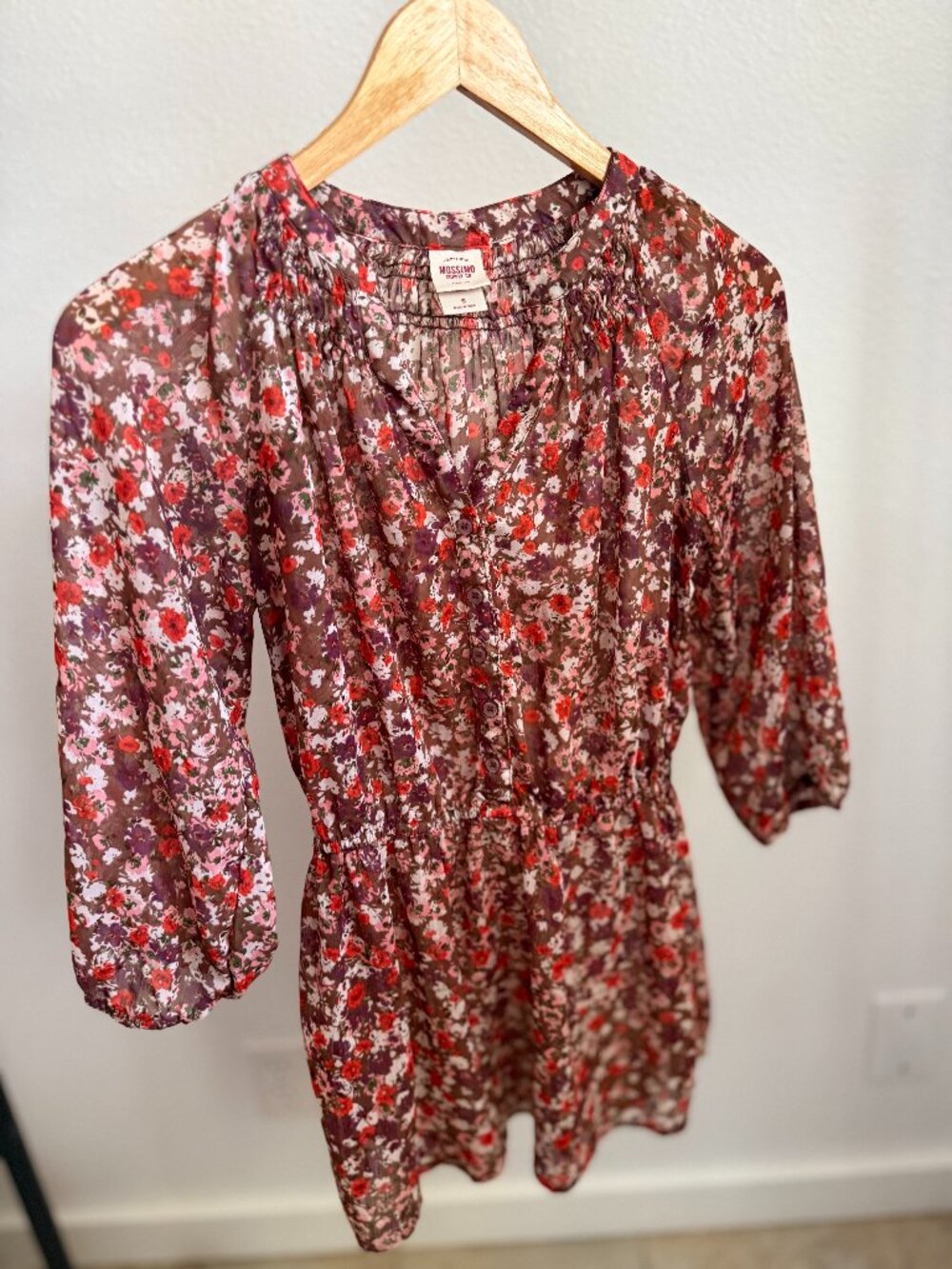 Mossimo Chiffon Floral Blouse Tunic Brown Pink Size S